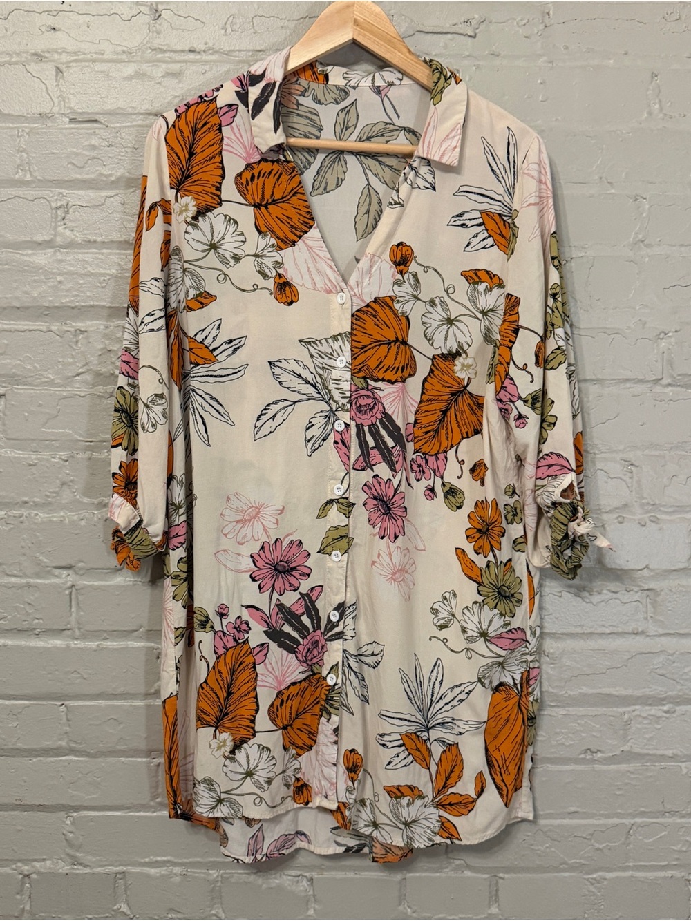 Cupshe Oaklyn Rayon Floral Shirt Dress Tie Sleeves Tropical